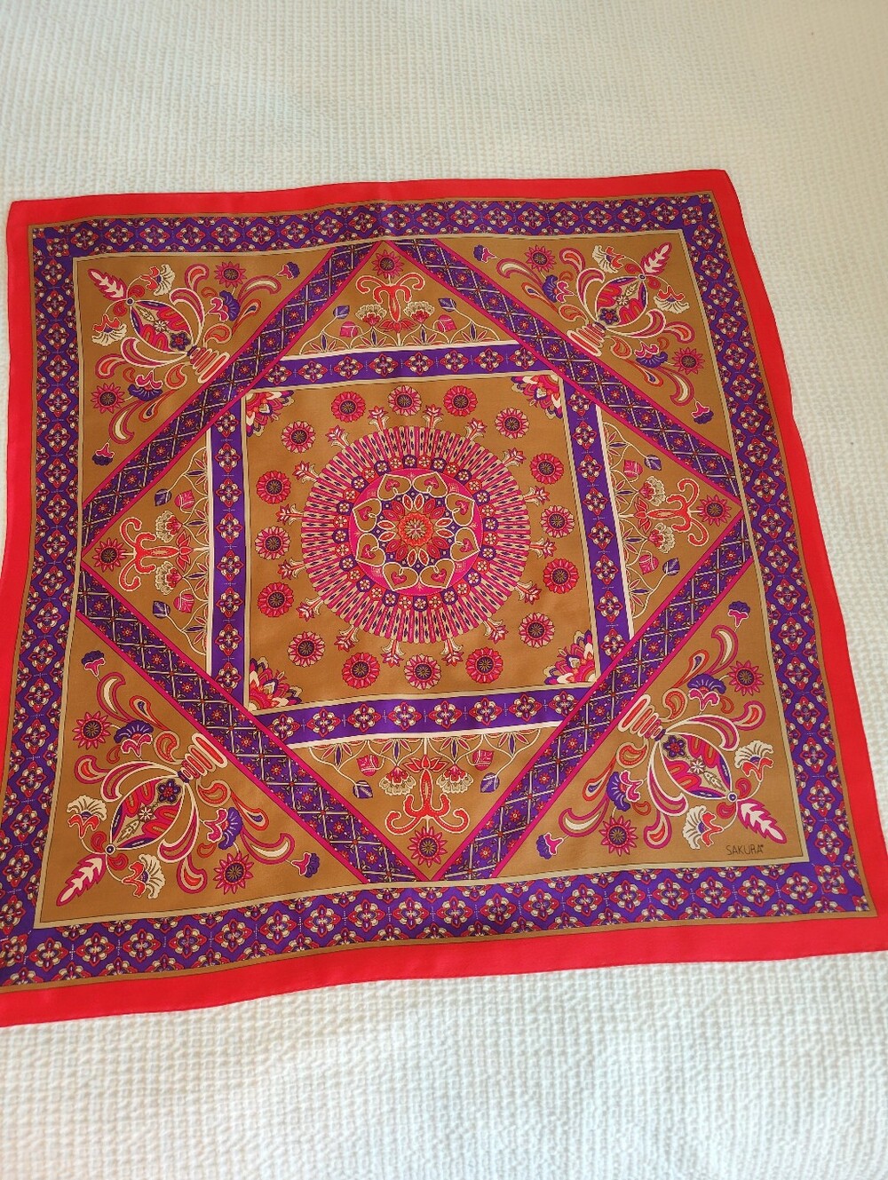 SAKURA  Signed Silk Scarf,Vibrant Medallion in Purple & Red 31X31 Inches.